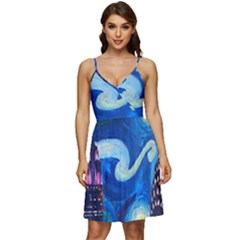 Starry Night In New York Van Gogh Manhattan Chrysler Building And Empire State Building V-neck Pocket Summer Dress  by Sarkoni