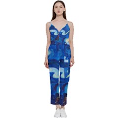 Starry Night In New York Van Gogh Manhattan Chrysler Building And Empire State Building V-neck Camisole Jumpsuit by Sarkoni