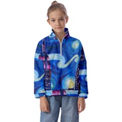 Starry Night In New York Van Gogh Manhattan Chrysler Building And Empire State Building Kids  Half Zip Hoodie by Sarkoni