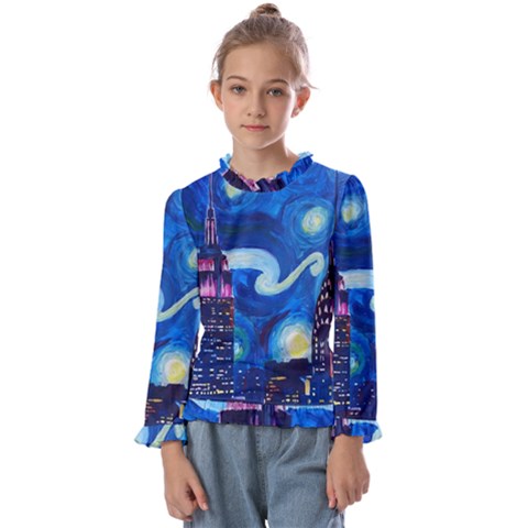 Starry Night In New York Van Gogh Manhattan Chrysler Building And Empire State Building Kids  Frill Detail T-shirt by Sarkoni