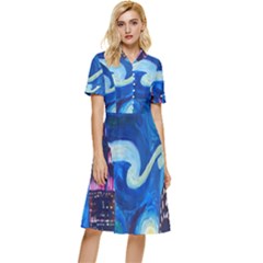 Starry Night In New York Van Gogh Manhattan Chrysler Building And Empire State Building Button Top Knee Length Dress by Sarkoni