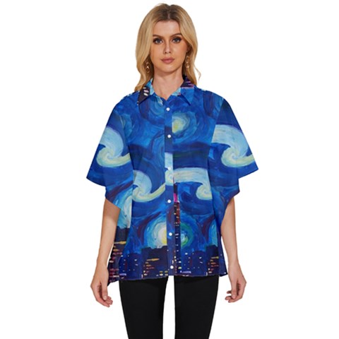 Starry Night In New York Van Gogh Manhattan Chrysler Building And Empire State Building Women s Batwing Button Up Shirt by Sarkoni