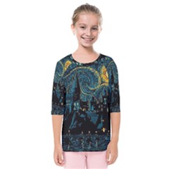 Castle Starry Night Van Gogh Parody Kids  Quarter Sleeve Raglan T-shirt