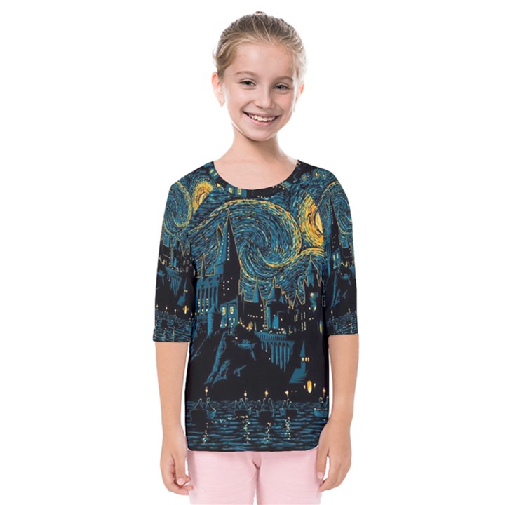 Castle Starry Night Van Gogh Parody Kids  Quarter Sleeve Raglan T-Shirt