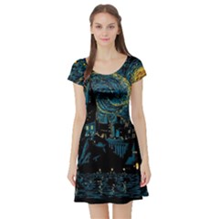 Castle Starry Night Van Gogh Parody Short Sleeve Skater Dress