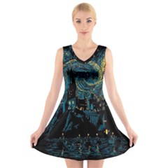 Castle Starry Night Van Gogh Parody V-neck Sleeveless Dress by Sarkoni