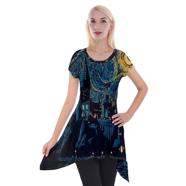 Castle Starry Night Van Gogh Parody Short Sleeve Side Drop Tunic