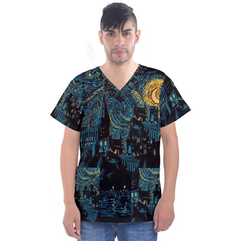 Castle Starry Night Van Gogh Parody Men s V-neck Scrub Top by Sarkoni