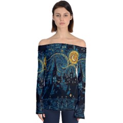 Castle Starry Night Van Gogh Parody Off Shoulder Long Sleeve Top by Sarkoni