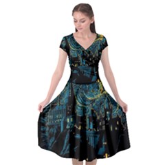 Castle Starry Night Van Gogh Parody Cap Sleeve Wrap Front Dress