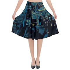 Castle Starry Night Van Gogh Parody Flared Midi Skirt by Sarkoni