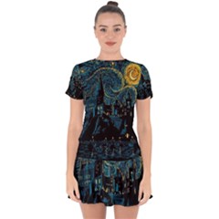 Castle Starry Night Van Gogh Parody Drop Hem Mini Chiffon Dress