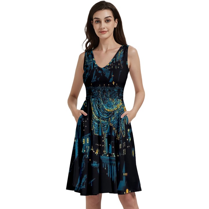 Castle Starry Night Van Gogh Parody Sleeveless V-Neck Skater Dress with Pockets