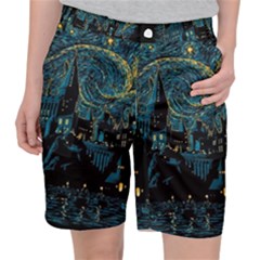 Castle Starry Night Van Gogh Parody Women s Pocket Shorts by Sarkoni