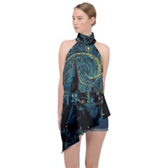 Castle Starry Night Van Gogh Parody Halter Asymmetric Satin Top by Sarkoni