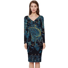 Castle Starry Night Van Gogh Parody Long Sleeve V-neck Bodycon Dress 