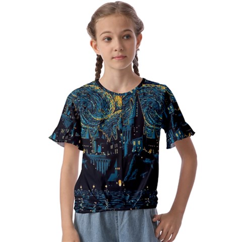 Castle Starry Night Van Gogh Parody Kids  Cuff Sleeve Scrunch Bottom T-shirt by Sarkoni