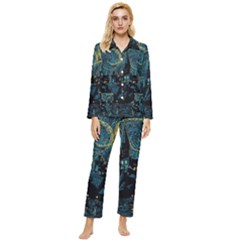 Castle Starry Night Van Gogh Parody Womens  Long Sleeve Velvet Pocket Pajamas Set by Sarkoni