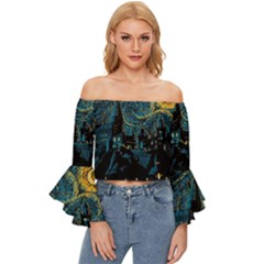 Castle Starry Night Van Gogh Parody Off Shoulder Flutter Bell Sleeve Top by Sarkoni