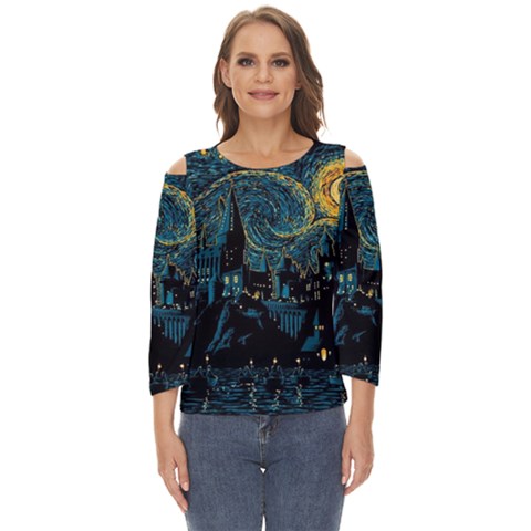 Castle Starry Night Van Gogh Parody Cut Out Wide Sleeve Top by Sarkoni