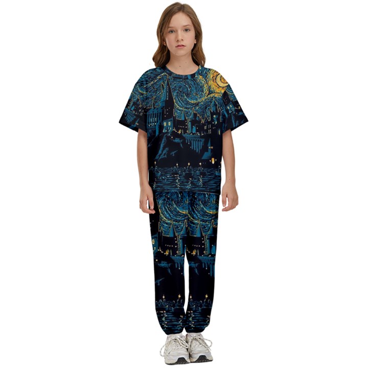 Castle Starry Night Van Gogh Parody Kids  T-Shirt and Pants Sports Set