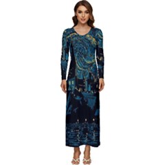 Castle Starry Night Van Gogh Parody Long Sleeve Longline Maxi Dress by Sarkoni