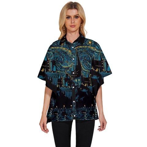 Castle Starry Night Van Gogh Parody Women s Batwing Button Up Shirt by Sarkoni