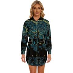 Castle Starry Night Van Gogh Parody Womens Long Sleeve Shirt Dress