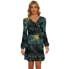 Castle Starry Night Van Gogh Parody Long Sleeve Waist Tie Ruffle Velvet Dress