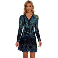 Castle Starry Night Van Gogh Parody Long Sleeve Deep V Mini Dress 