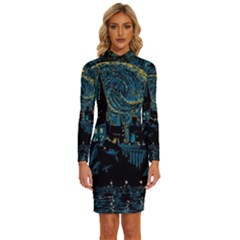 Castle Starry Night Van Gogh Parody Long Sleeve Shirt Collar Bodycon Dress