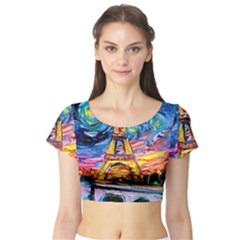 Eiffel Tower Starry Night Print Van Gogh Short Sleeve Crop Top by Sarkoni