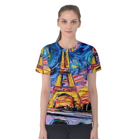 Eiffel Tower Starry Night Print Van Gogh Women s Cotton T-shirt by Sarkoni