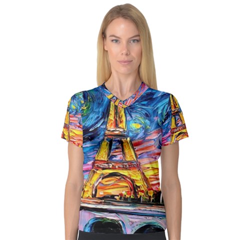 Eiffel Tower Starry Night Print Van Gogh V-neck Sport Mesh T-shirt by Sarkoni