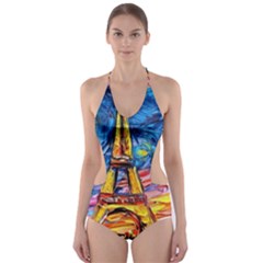 Eiffel Tower Starry Night Print Van Gogh Cut-out One Piece Swimsuit by Sarkoni