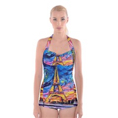 Eiffel Tower Starry Night Print Van Gogh Boyleg Halter Swimsuit  by Sarkoni