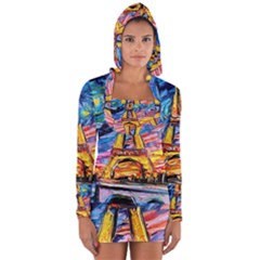 Eiffel Tower Starry Night Print Van Gogh Long Sleeve Hooded T-shirt by Sarkoni