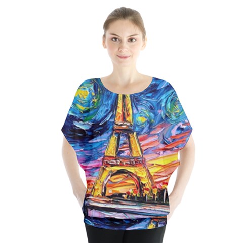 Eiffel Tower Starry Night Print Van Gogh Batwing Chiffon Blouse by Sarkoni