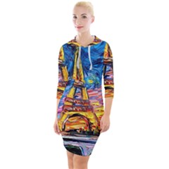 Eiffel Tower Starry Night Print Van Gogh Quarter Sleeve Hood Bodycon Dress by Sarkoni