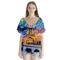 Eiffel Tower Starry Night Print Van Gogh V-neck Flutter Sleeve Top by Sarkoni