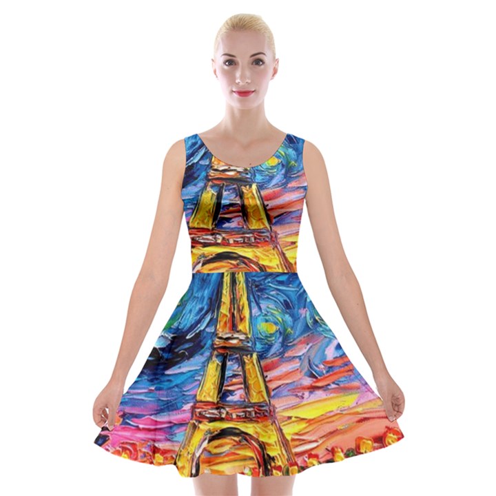 Eiffel Tower Starry Night Print Van Gogh Velvet Skater Dress