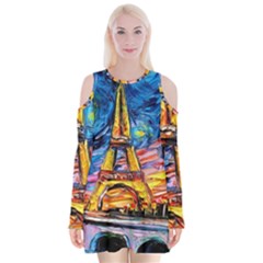 Eiffel Tower Starry Night Print Van Gogh Velvet Long Sleeve Shoulder Cutout Dress by Sarkoni