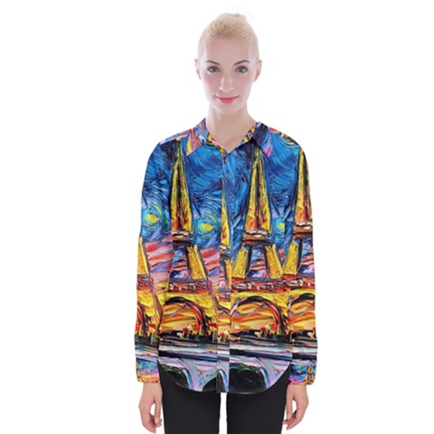 Eiffel Tower Starry Night Print Van Gogh Womens Long Sleeve Shirt by Sarkoni