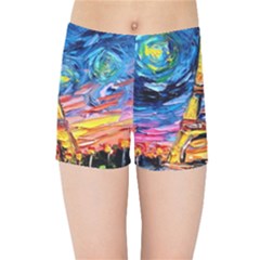 Eiffel Tower Starry Night Print Van Gogh Kids  Sports Shorts by Sarkoni