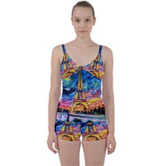 Eiffel Tower Starry Night Print Van Gogh Tie Front Two Piece Tankini by Sarkoni