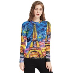 Eiffel Tower Starry Night Print Van Gogh Women s Long Sleeve Rash Guard by Sarkoni