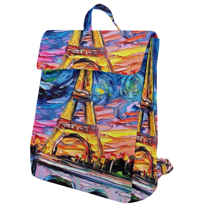 Eiffel Tower Starry Night Print Van Gogh Flap Top Backpack