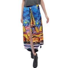 Eiffel Tower Starry Night Print Van Gogh Velour Split Maxi Skirt