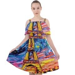 Eiffel Tower Starry Night Print Van Gogh Cut Out Shoulders Chiffon Dress