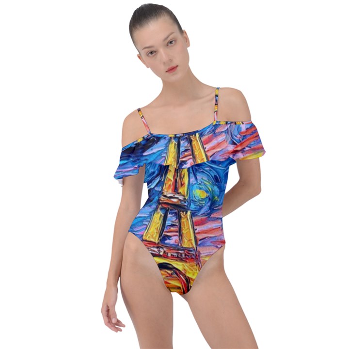 Eiffel Tower Starry Night Print Van Gogh Frill Detail One Piece Swimsuit